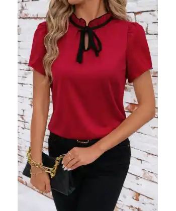 Kadın Kısa Kollu Yakası Fırfırlı Bağcıklı Janjan Krep Bluz