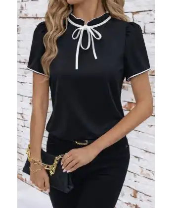 Kadın Kısa Kollu Yakası Fırfırlı Bağcıklı Janjan Krep Bluz