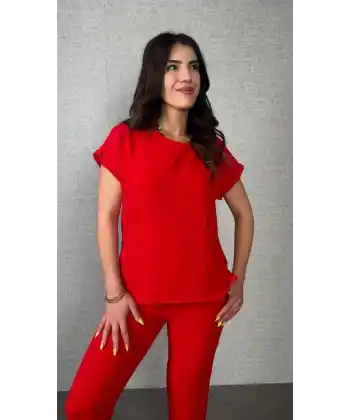 Kadın Kısa Kollu Yuvarlak Yaka Aerobin Bluz Ve Pantolon Ikili Takım