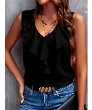 Kadın Kolsuz Fırfır Yakalı Sandy Bluz