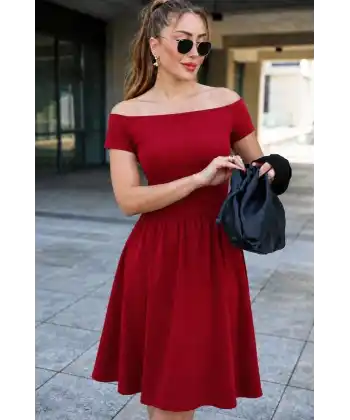 Kadın Madonna Yaka Kısa Kollu Kısa Janjan Krep Elbise