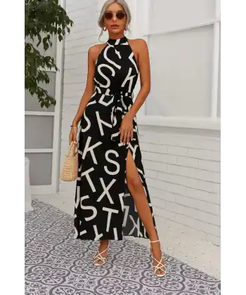 Kadın Omuzlardan Açık Halter Yakalı Yırtmaçlı çiçek Desenli Süprem Elbise