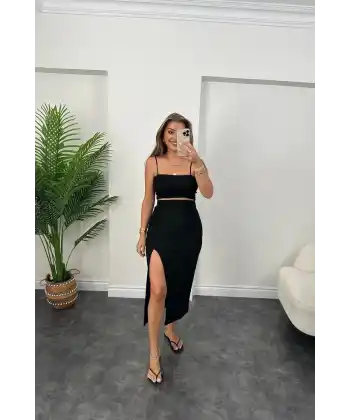 Kadın Ottoman Kumaş Likralı Midi Boy Kalem Etek Siyah