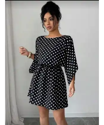 Kadın Puantiyeli örme Krep Mini Elbise (kemersiz)