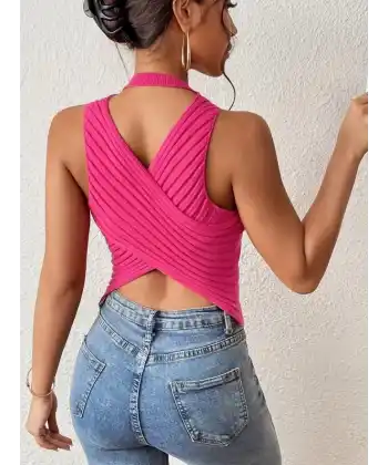 Kadın Sıfır Kol Sırt çapraz Detay Triko Bluz