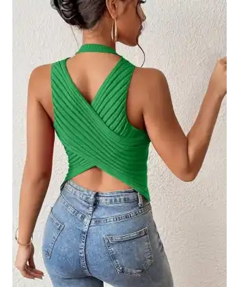 Kadın Sıfır Kol Sırt çapraz Detay Triko Bluz