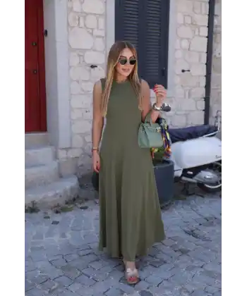 Kadın Sıfır Kollu Bisiklet Yaka Viskon Elbise