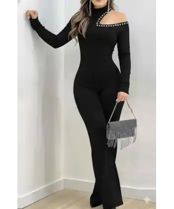 Kadın Tek Omuzdan Açık Balıkçı Yaka Taş Detaylı Uzun Ithal Krep Tulum