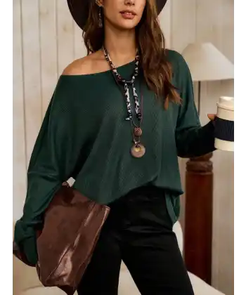 Kadın Tek Omuzdan Açık Yarasa Kollu Waffle Bluz