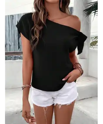 Kadın Tek Omuzu Açık Koldan Bağlamalı Janjan Krep Bluz