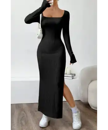 Kadın Trend U Yaka Yırtmaçlı Uzun Kol Kalın Fitili Elbise