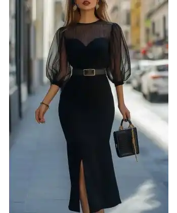 Kadın Truvakar Kollu Bisiklet Yaka Kemersiz Yırtmaç Detaylı Uzun Ithal Krep Elbise