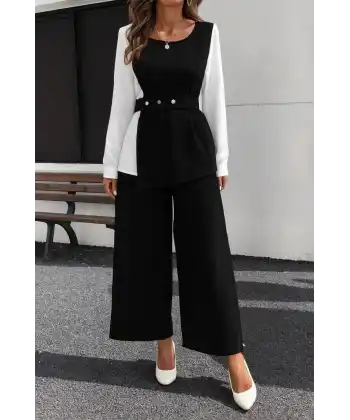 Kadın Uzun Kollu Açık Yakalı çift Renkli Kemerli Ithal Krep Ikili Takım