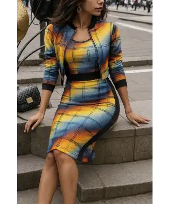 Kadın Uzun Kollu Askılı Yuvarlak Yaka Desenli Dalgıç Bluz Ceket Ve Etek üçlü Takım