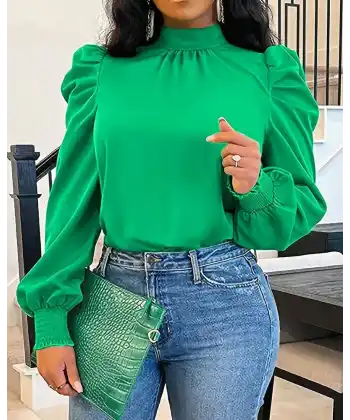 Kadın Uzun Kollu Balıkçı Yaka Arkadan Bağlamalı Omuzlardan Balon Ithal Krep Bluz
