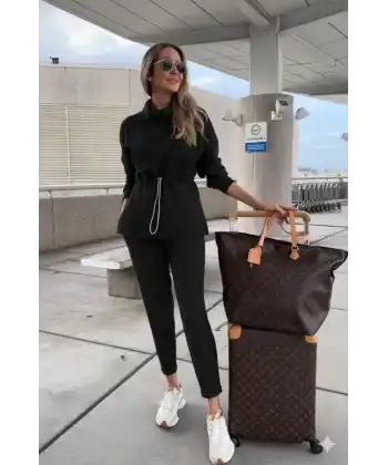 Kadın Uzun Kollu Balıkçı Yaka Belden Lastikli Modal Bluz Ve Pantolon Ikili Takım