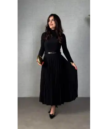 Kadın Uzun Kollu Balıkçı Yaka Kemersiz Pileli Uzun Sandy Elbise