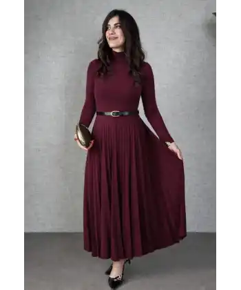 Kadın Uzun Kollu Balıkçı Yaka Kemersiz Pileli Uzun Sandy Elbise