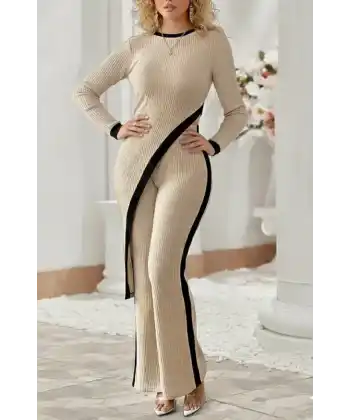 Kadın Uzun Kollu Bisiklet Yaka Asimetrik Kesim Bluz şardonlu Kaşkorse Bluz Ve Pantolon Ikili Takım