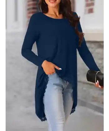 Kadın Uzun Kollu Bisiklet Yaka Asimetrik Kesim Detaylı Dantelli Viskon Bluz