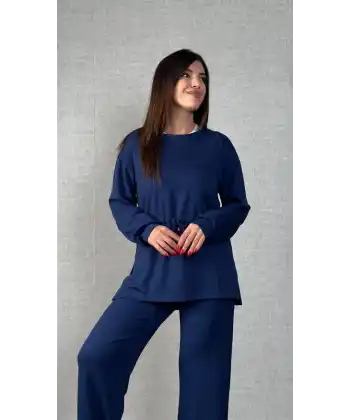 Kadın Uzun Kollu Bisiklet Yaka Belden Büzgülü Bağcıklı Viskon Iki Iplik Bluz Ve Pantolon Ikili Takım