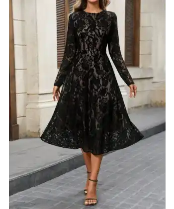 Kadın Uzun Kollu Bisiklet Yaka Dantelli Astarlı Midi Elbise