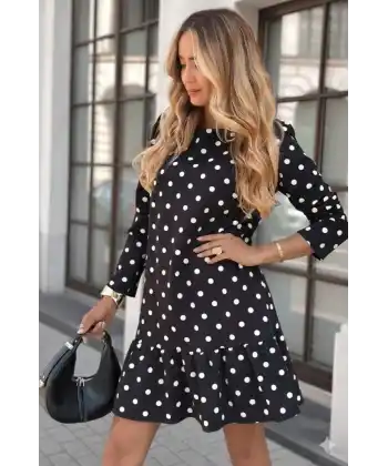 Kadın Uzun Kollu Bisiklet Yaka Fırfırlı Puantiyeli Kısa Modal Elbise