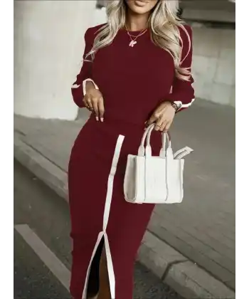 Kadın Uzun Kollu Bisiklet Yaka Kaşkorse Bluz Ve Yırtmaçlı Etek Ikili Takım