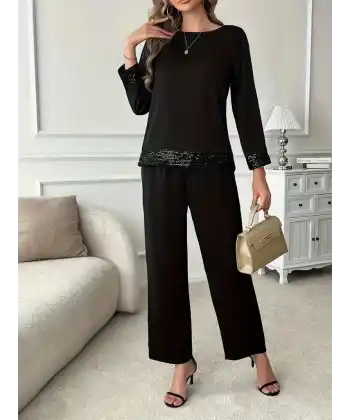 Kadın Uzun Kollu Bisiklet Yaka Pulpayetli Viskon Iki Iplik Bluz Ve Pantolon Ikili Takım