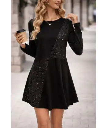 Kadın Uzun Kollu Bisiklet Yaka Taş Detay Mini Elbise