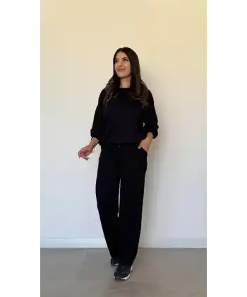 Kadın Uzun Kollu Bisiklet Yaka Viskon Iki Iplik Bluz Ve Pantolon Ikili Takım