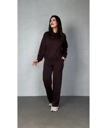 Kadın Uzun Kollu Bisiklet Yaka Viskon Iki Iplik Bluz Ve Pantolon Ikili Takım