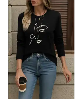 Kadın Uzun Kollu Bisiklet Yaka Yüz Desenli Viskon Bluz