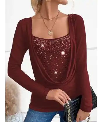 Kadın Uzun Kollu Derin Degaje Yakalı Taşlı Sandy Bluz