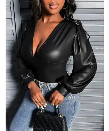 Kadın Uzun Kollu Derin V Yakalı Deri Zıbın