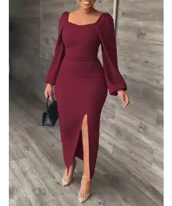 Kadın Uzun Kollu Geometrik Yakalı Yandan Yırtmaçlı Uzun Janjan Krep Elbise