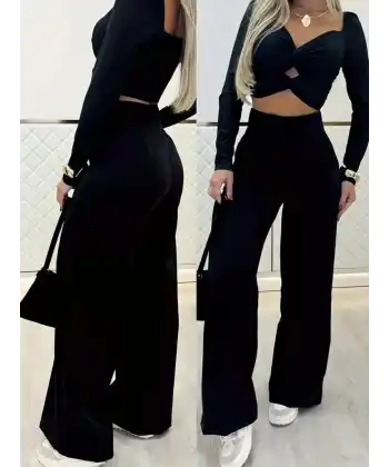 Kadın Uzun Kollu Göğüs Dekolteli Ithal Krep Bluz Ve Pantolon Ikili Takım