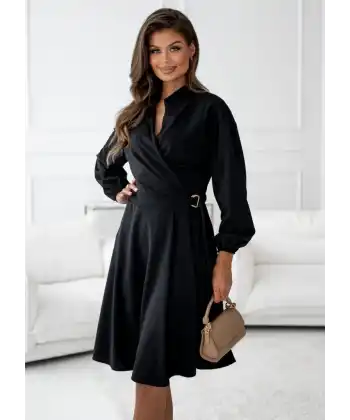 Kadın Uzun Kollu Hakim V Yakalı Yandan Toka Detaylı Ithal Mini Krep Elbise