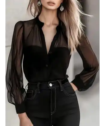 Kadın Uzun Kollu Hakim Yakalı önden Düğmeli Tül Detaylı Trikoton Gömlek