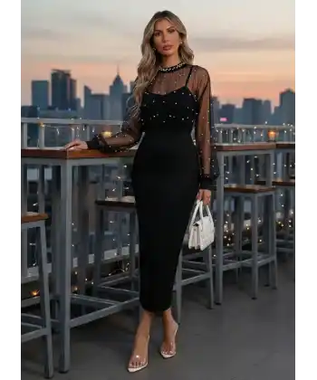 Kadın Uzun Kollu Halka Yaka Tül Inci Detaylı Uzun Ithal Krep Elbise