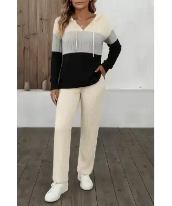 Kadın Uzun Kollu Kapşonlu Bağcıklı Blok Renkli şardonlu Kaşkorse Bluz Ve Pantolon Ikili Takım