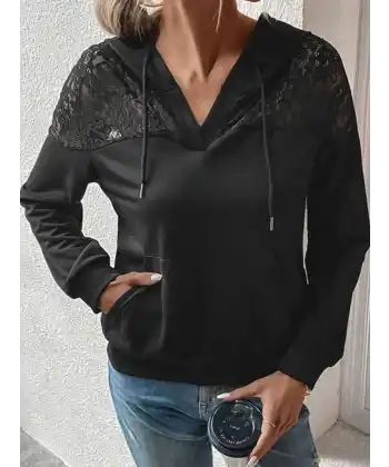 Kadın Uzun Kollu Kapşonlu Bağcıklı Dantelli Viskon Iki Iplik Bluz