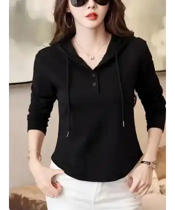 Kadın Uzun Kollu Kapşonlu Bağcıklı Düğmeli Viskon Iki Iplik Bluz