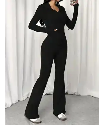 Kadın Uzun Kollu Kapşonlu Bağcıklı önü Fermuarlı Viskon Iki Iplik Bluz Ve Pantolon Ikili Takım