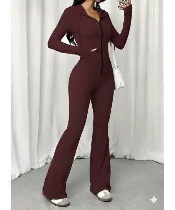 Kadın Uzun Kollu Kapşonlu Bağcıklı önü Fermuarlı Viskon Iki Iplik Bluz Ve Pantolon Ikili Takım