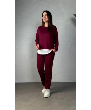 Kadın Uzun Kollu Kapşonlu Bağcıklı Viskon Iki Iplik Bluz Ve Pantolon Ikili Takım