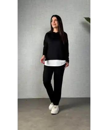 Kadın Uzun Kollu Kapşonlu Bağcıklı Viskon Iki Iplik Bluz Ve Pantolon Ikili Takım