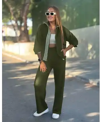 Kadın Uzun Kollu Kapşonlu Onu şerit Detaylı Fermuarlı Viskon Iki Iplik Bluz Ve Pantolon Ikili Takım