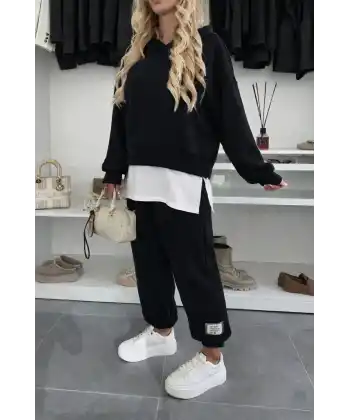 Kadın Uzun Kollu Kapşonlu Viskon Iki Iplik Bluz Ve Pantolon Ikili Takım