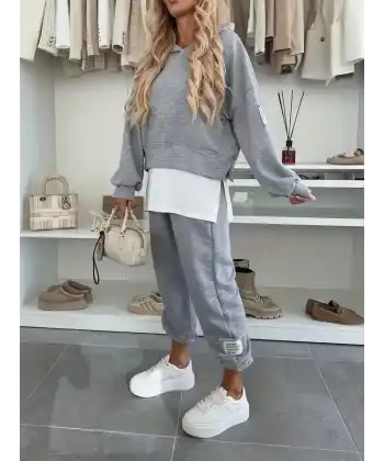 Kadın Uzun Kollu Kapşonlu Viskon Iki Iplik Bluz Ve Pantolon Ikili Takım